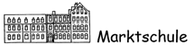 Logo der Marktschule, das Schulgebäude mit schwarzen Linien auf weißem Hintergrund 